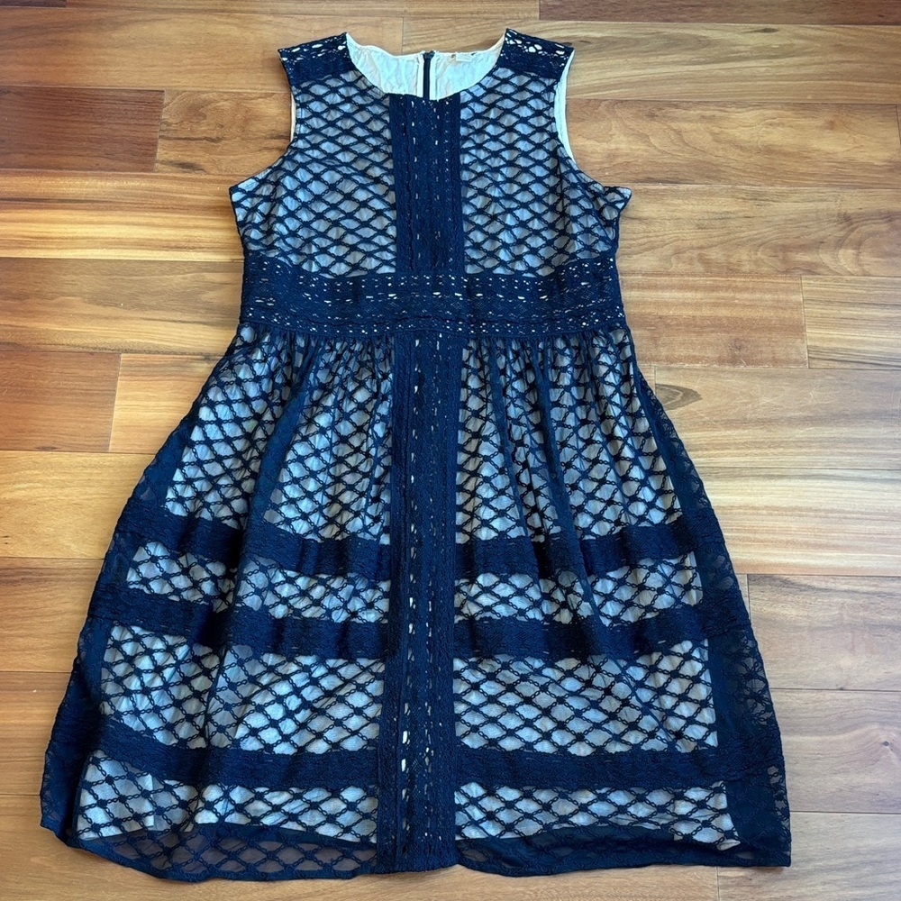 Sundance Navy and Ivory Lace-Overlay Midi Dress